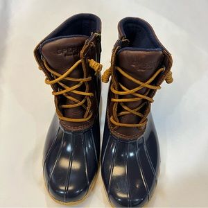 Sperry Saltwater Womens Duck Boots Tan Navy Blue Rain Snow Size 7